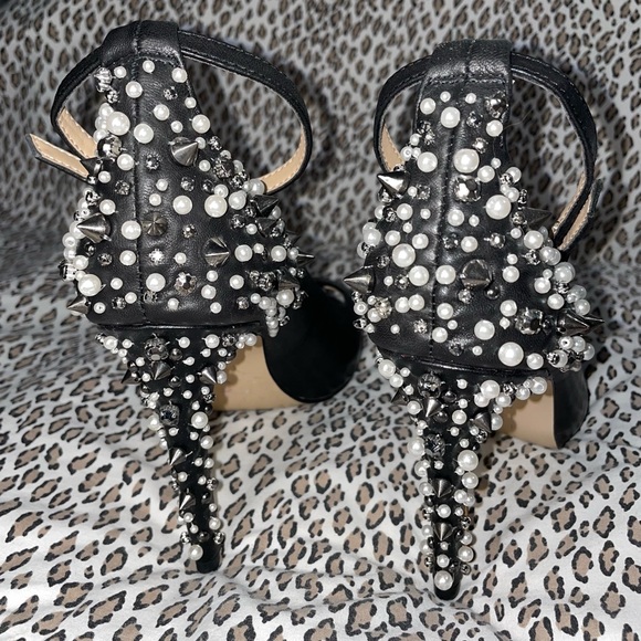 Gianni Bini Womens Ankle Strap Peep Toe Pumps Heels with Studs Pearls and Spikes - Picture 3 of 16